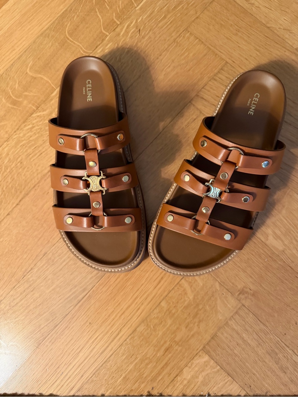Celine Tan Brown Triple-Strap Logo Slide Sandals. Brand new! - Picture 3 of 3